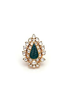 Gold Plated Crystal Polki Handcrafted Ring In Sterling Silver