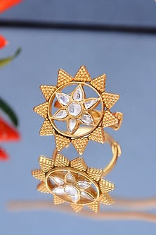 Gold Plated Crystal Polki Handcrafted Ring In Sterling Silver