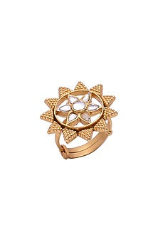 Gold Plated Crystal Polki Handcrafted Ring In Sterling Silver