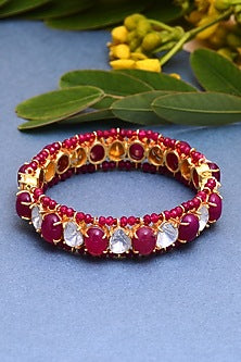 Gold Plated Jadau Handcrafted Bangle In Sterling Silver