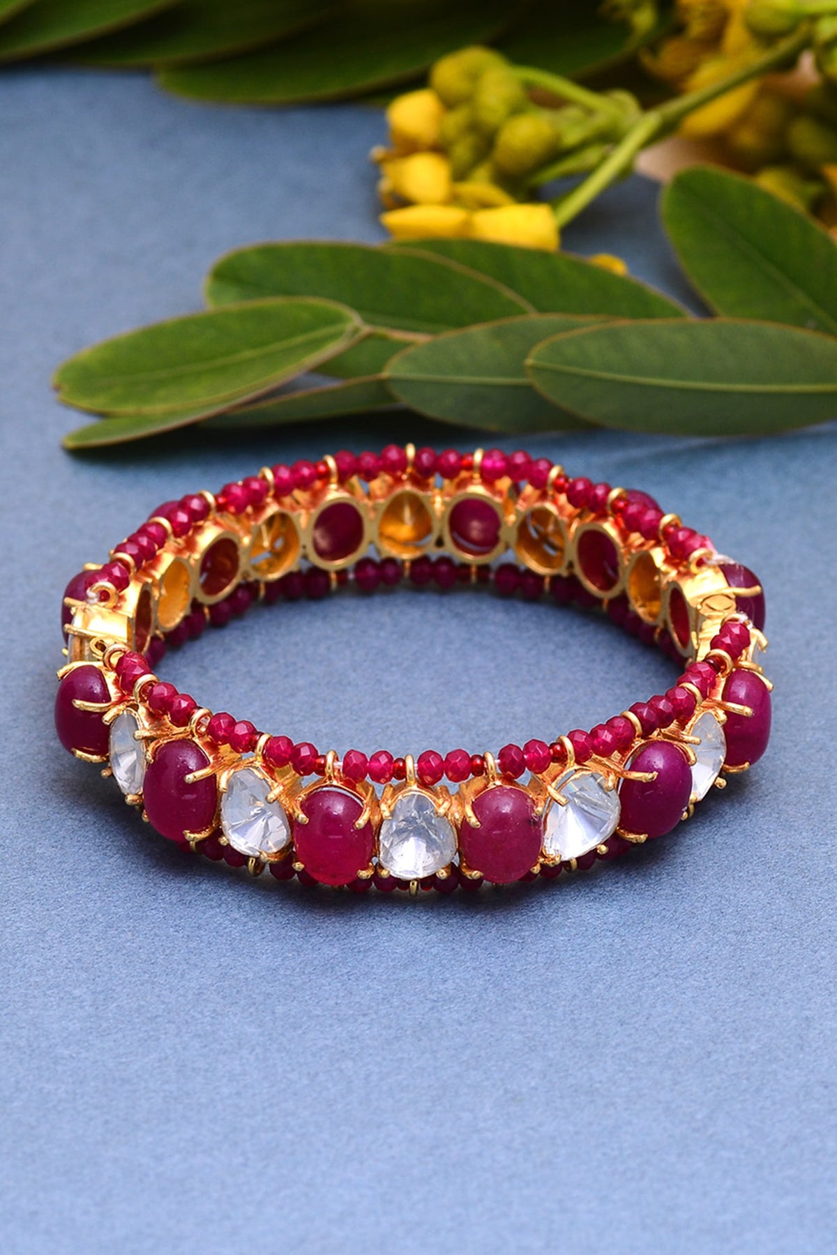 Gold Plated Jadau Handcrafted Bangle In Sterling Silver
