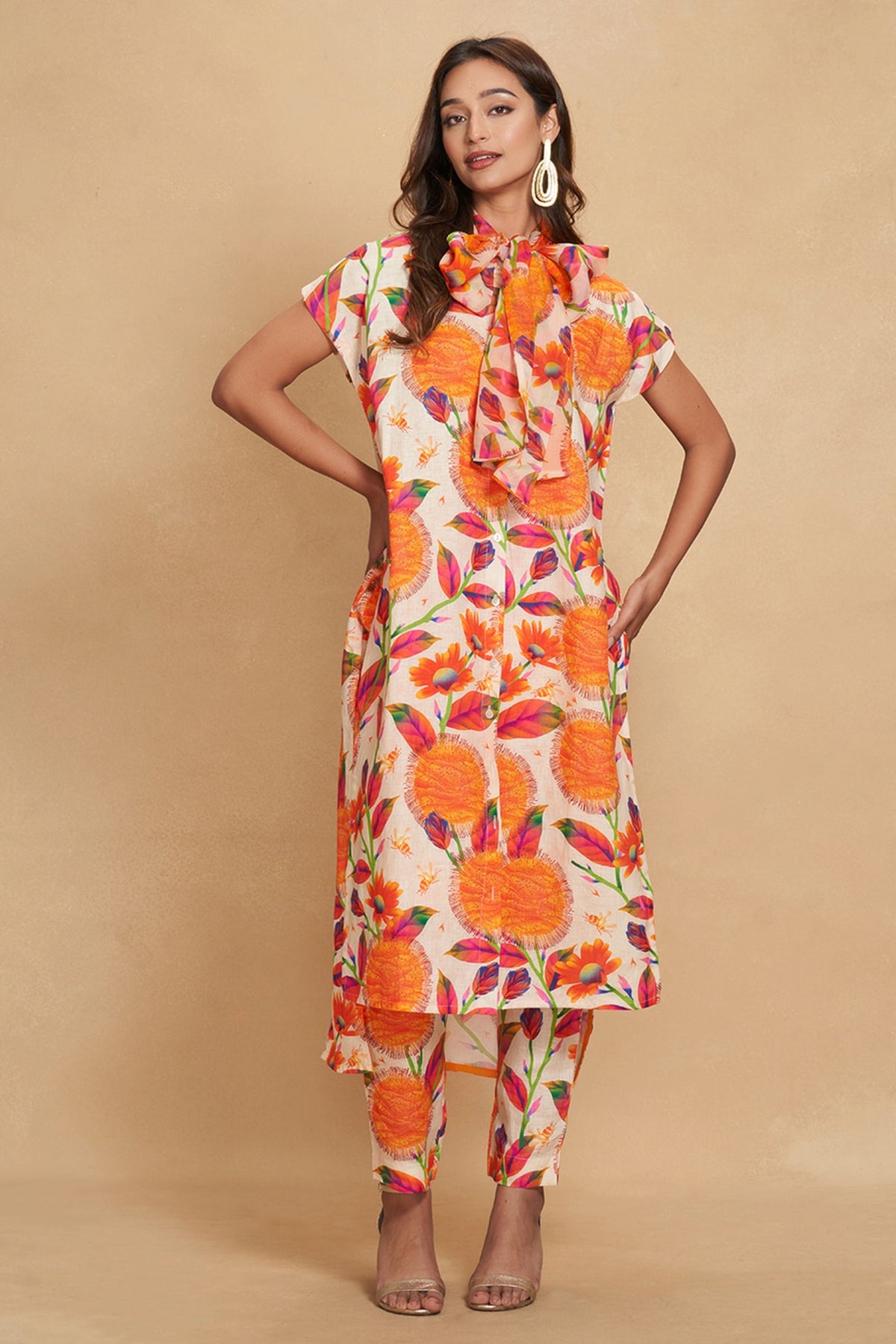 Orange Linen Kadam Printed Straight Pant