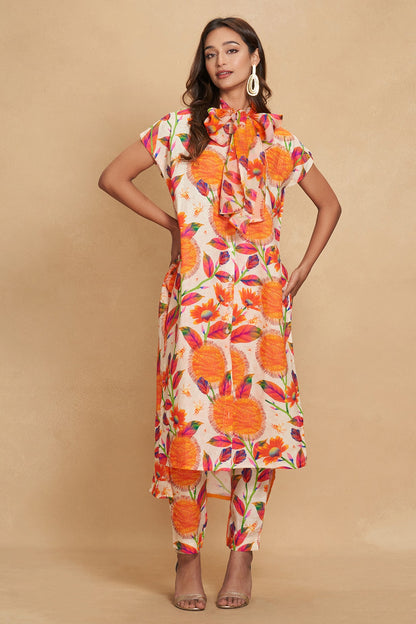 Orange Linen Kadam Printed Straight Pant