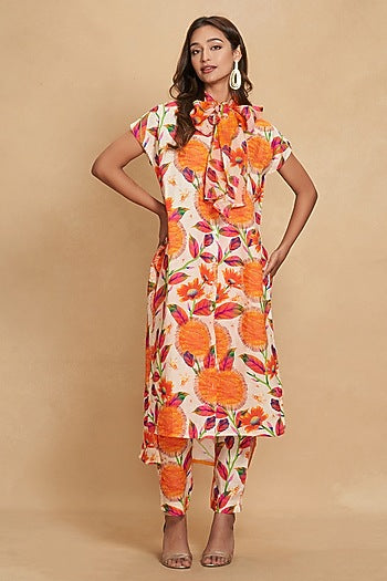 Orange Linen Kadam Printed Straight Pant