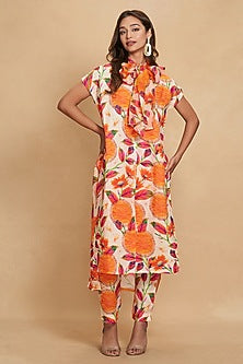 Orange Linen Kadam Printed Straight Pant