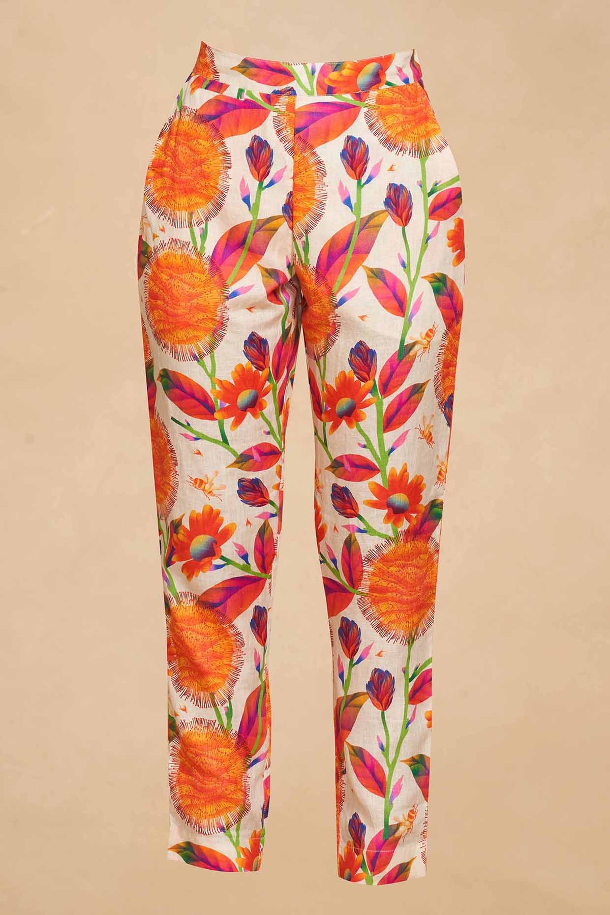 Orange Linen Kadam Printed Straight Pant