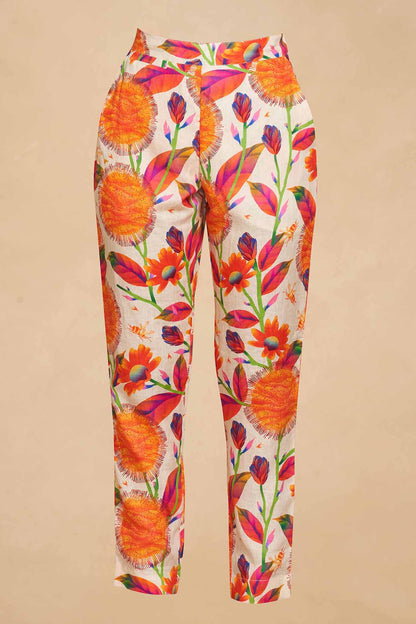 Orange Linen Kadam Printed Straight Pant