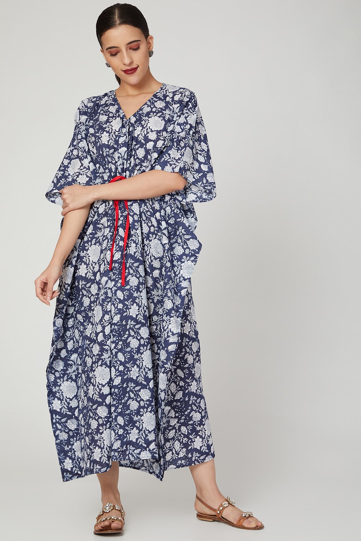 Blue & White Printed Kaftan Dress With Drawstring
