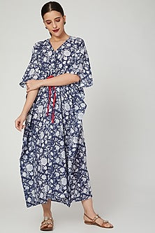 Blue & White Printed Kaftan Dress With Drawstring