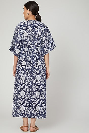 Blue & White Printed Kaftan Dress With Drawstring