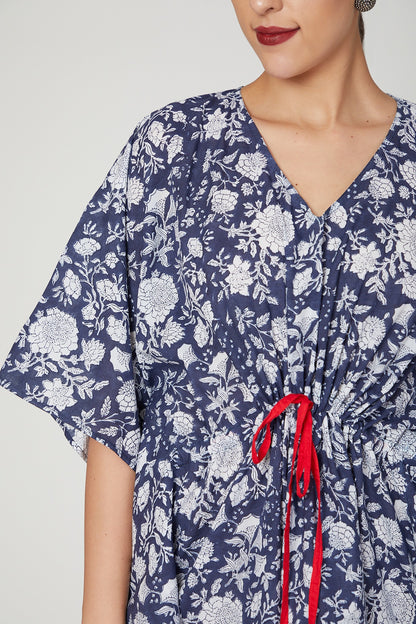 Blue & White Printed Kaftan Dress With Drawstring