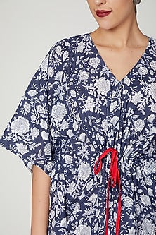 Blue & White Printed Kaftan Dress With Drawstring