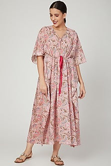 Pink Printed Kaftan Dress With Drawstring