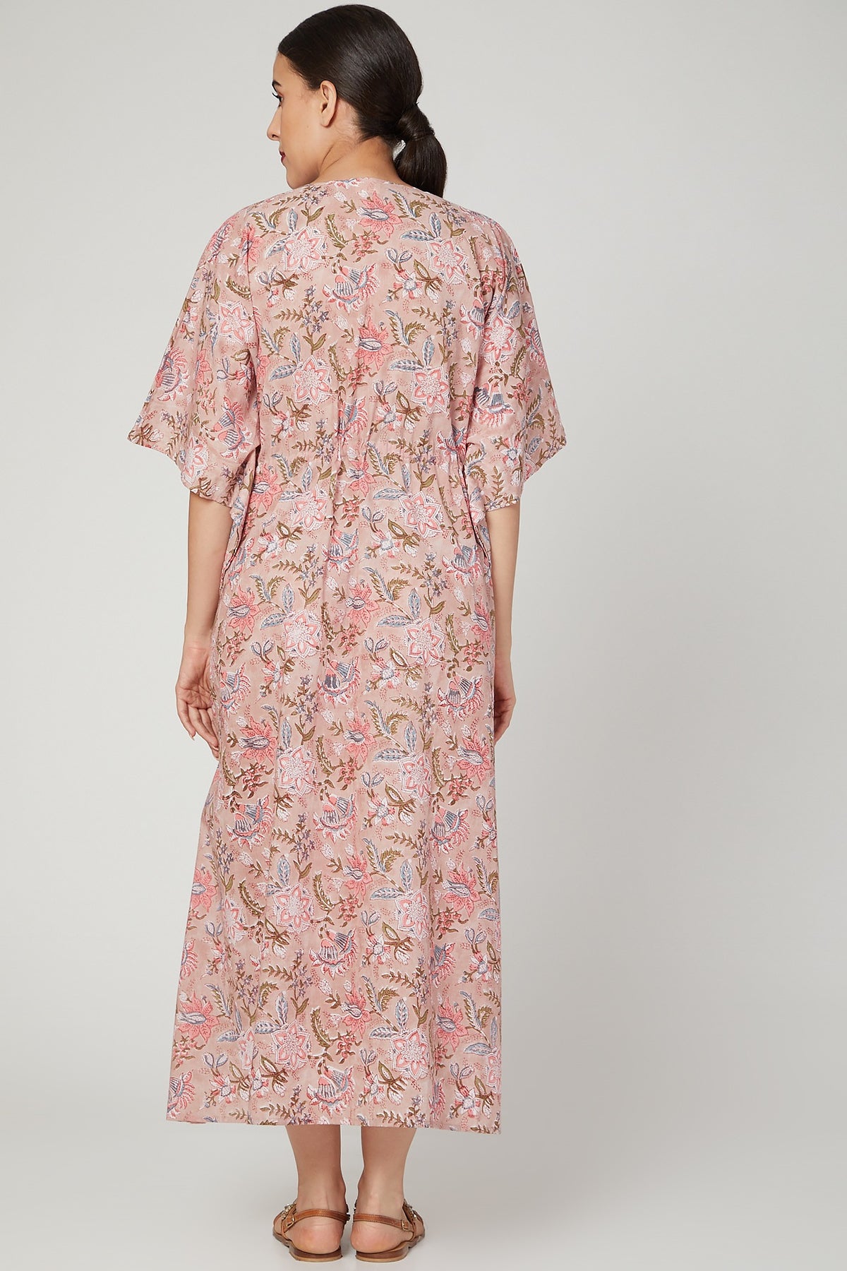 Pink Printed Kaftan Dress With Drawstring