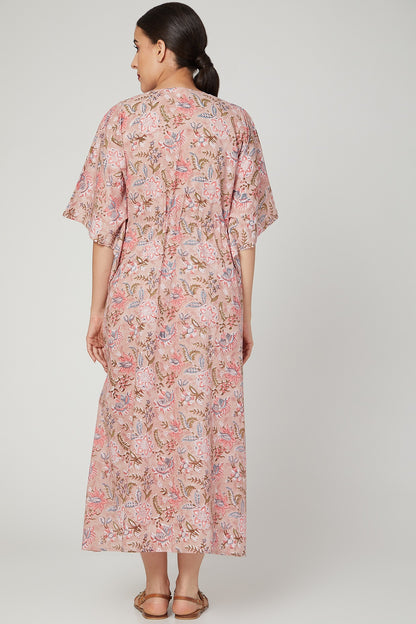 Pink Printed Kaftan Dress With Drawstring