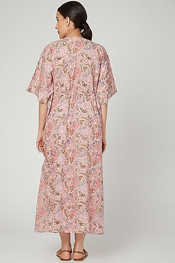 Pink Printed Kaftan Dress With Drawstring