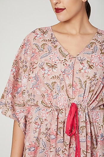 Pink Printed Kaftan Dress With Drawstring