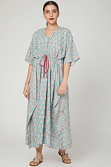 Turquoise Printed Kaftan With Drawstring