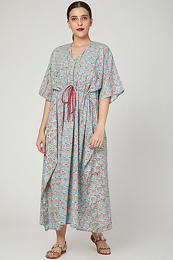 Turquoise Printed Kaftan With Drawstring