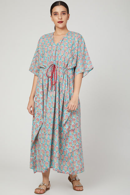 Turquoise Printed Kaftan With Drawstring