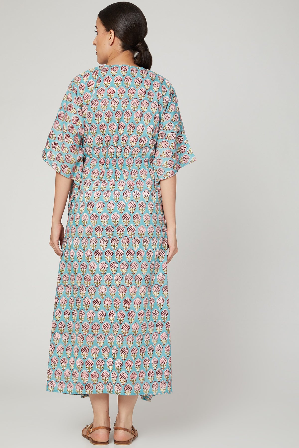 Turquoise Printed Kaftan With Drawstring
