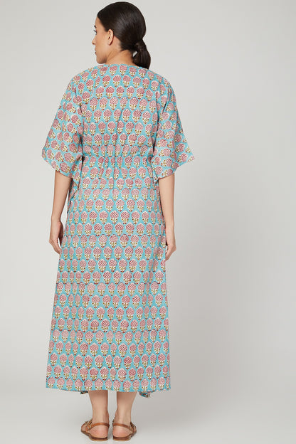 Turquoise Printed Kaftan With Drawstring
