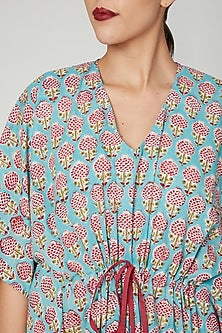Turquoise Printed Kaftan With Drawstring