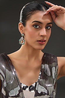 White Finish Zircon & Synthetic Stone Enamelled Dangler Earrings In Sterling Silver