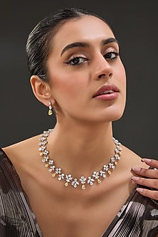 White Finish Zircon & Synthetic Topaz Stone Necklace Set In Sterling Silver