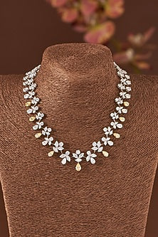 White Finish Zircon & Synthetic Topaz Stone Necklace Set In Sterling Silver