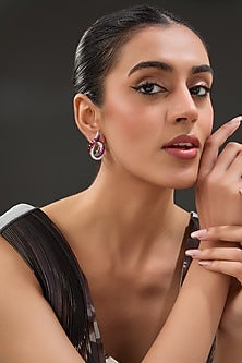 White Finish Zircon & Synthetic Ruby Stone Stud Earrings In Sterling Silver