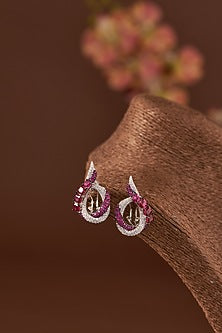 White Finish Zircon & Synthetic Ruby Stone Stud Earrings In Sterling Silver