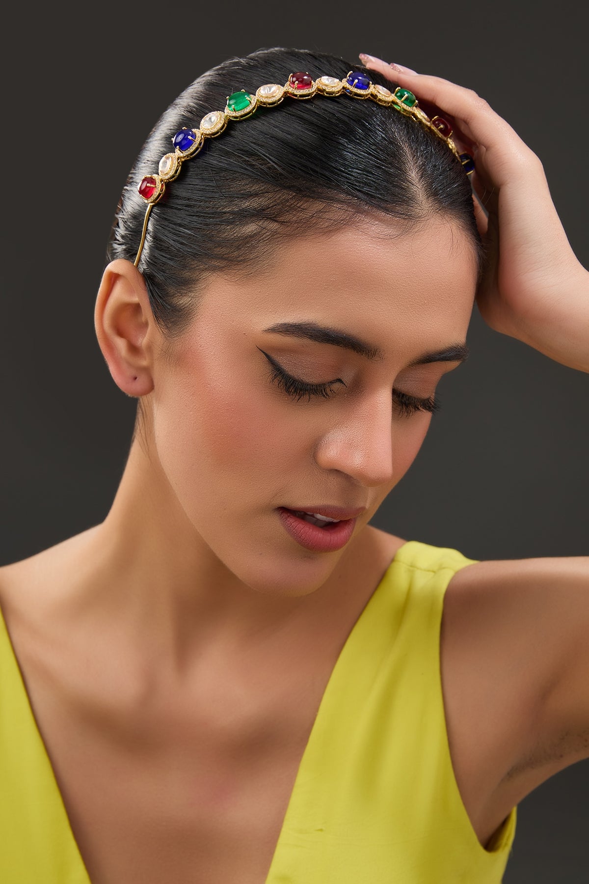 Gold Finish Moissanite Polki & Synthetic Stone Hairband In Sterling Silver