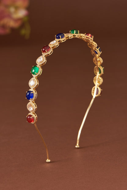 Gold Finish Moissanite Polki & Synthetic Stone Hairband In Sterling Silver