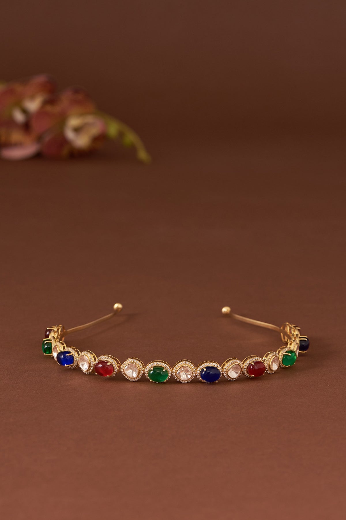 Gold Finish Moissanite Polki & Synthetic Stone Hairband In Sterling Silver