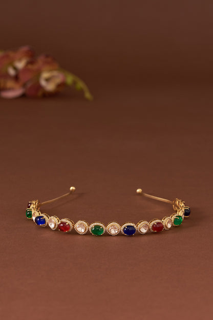 Gold Finish Moissanite Polki & Synthetic Stone Hairband In Sterling Silver