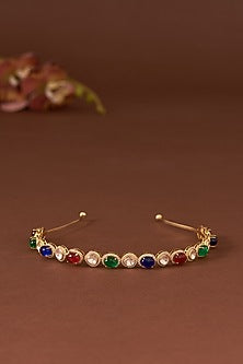Gold Finish Moissanite Polki & Synthetic Stone Hairband In Sterling Silver
