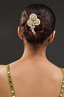 Gold Finish Moissanite Polki Brooch In Sterling Silver