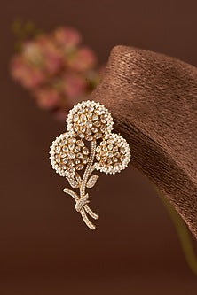 Gold Finish Moissanite Polki Brooch In Sterling Silver