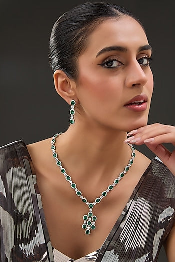White Finish Zircon & Synthetic Emerald Stone Necklace Set In Sterling Silver