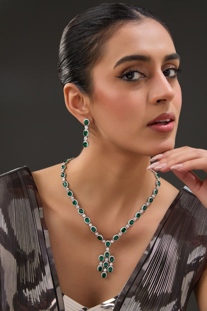 White Finish Zircon & Synthetic Emerald Stone Necklace Set In Sterling Silver