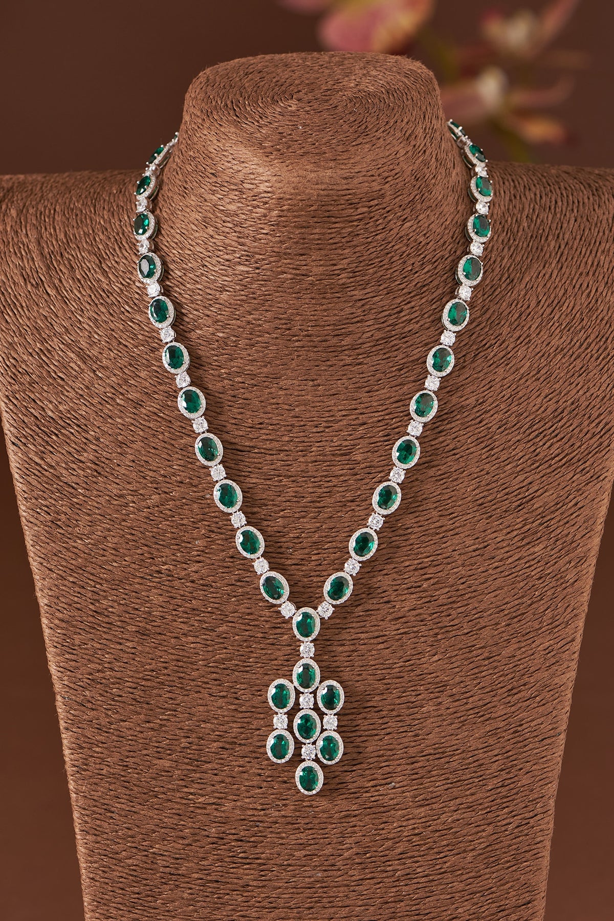White Finish Zircon & Synthetic Emerald Stone Necklace Set In Sterling Silver