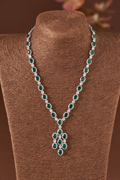 White Finish Zircon & Synthetic Emerald Stone Necklace Set In Sterling Silver