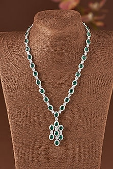 White Finish Zircon & Synthetic Emerald Stone Necklace Set In Sterling Silver