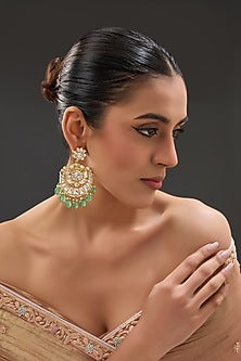 Gold Finish Moissanite Polki & Green Jade Chandbaali Earrings In Sterling Silver