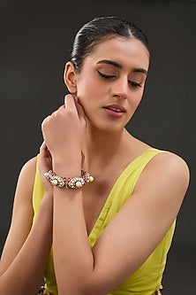 Gold Finish Moissanite Polki & Synthetic Ruby Stone Bangle In Sterling Silver