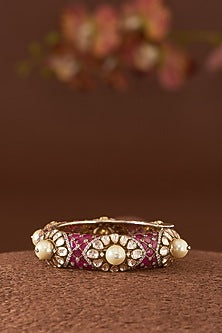 Gold Finish Moissanite Polki & Synthetic Ruby Stone Bangle In Sterling Silver
