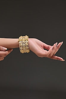 Gold Finish Moissanite Polki & Cubic Zirconia Bangle In Sterling Silver