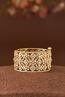 Gold Finish Moissanite Polki & Cubic Zirconia Bangle In Sterling Silver