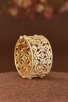 Gold Finish Moissanite Polki & Cubic Zirconia Bangle In Sterling Silver